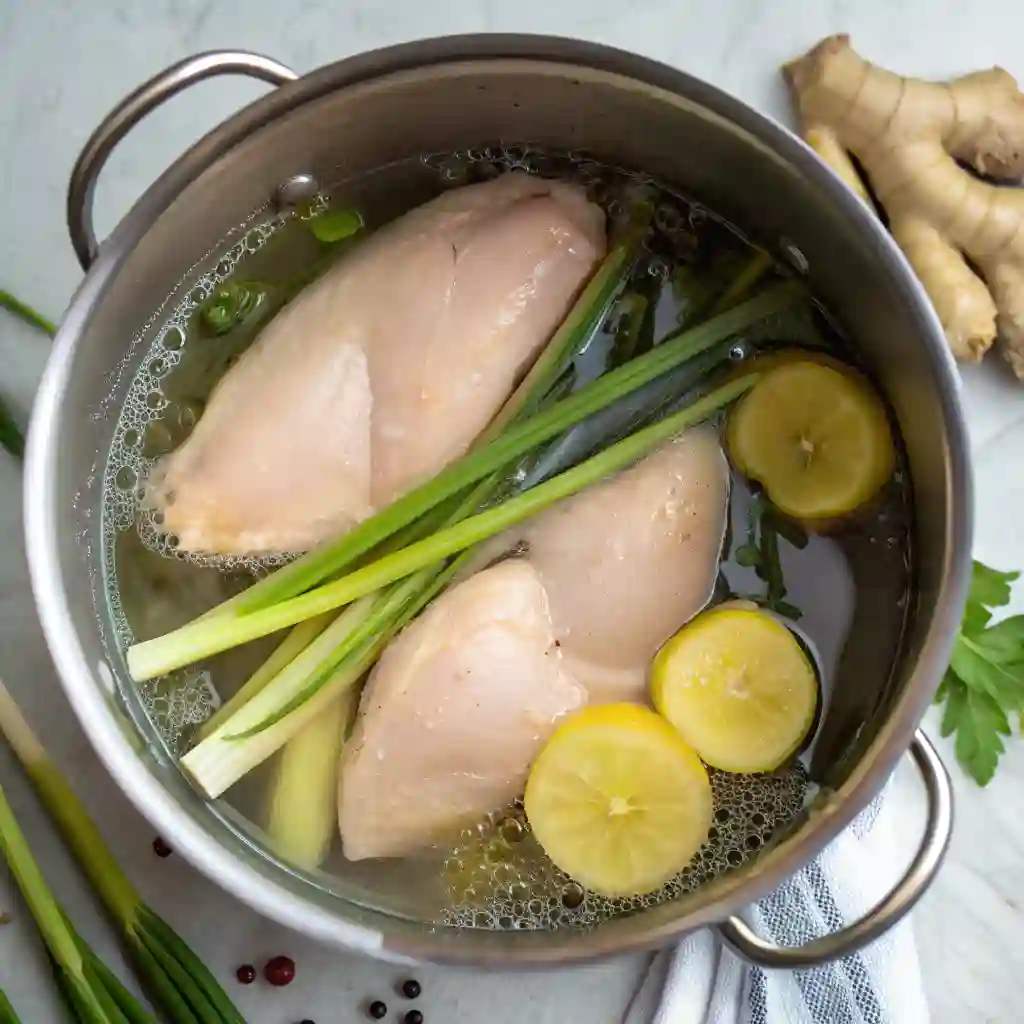 A pot of water with raw chicken, ginger slices, and lemongrass demonstrating how to poach chicken with ginger.