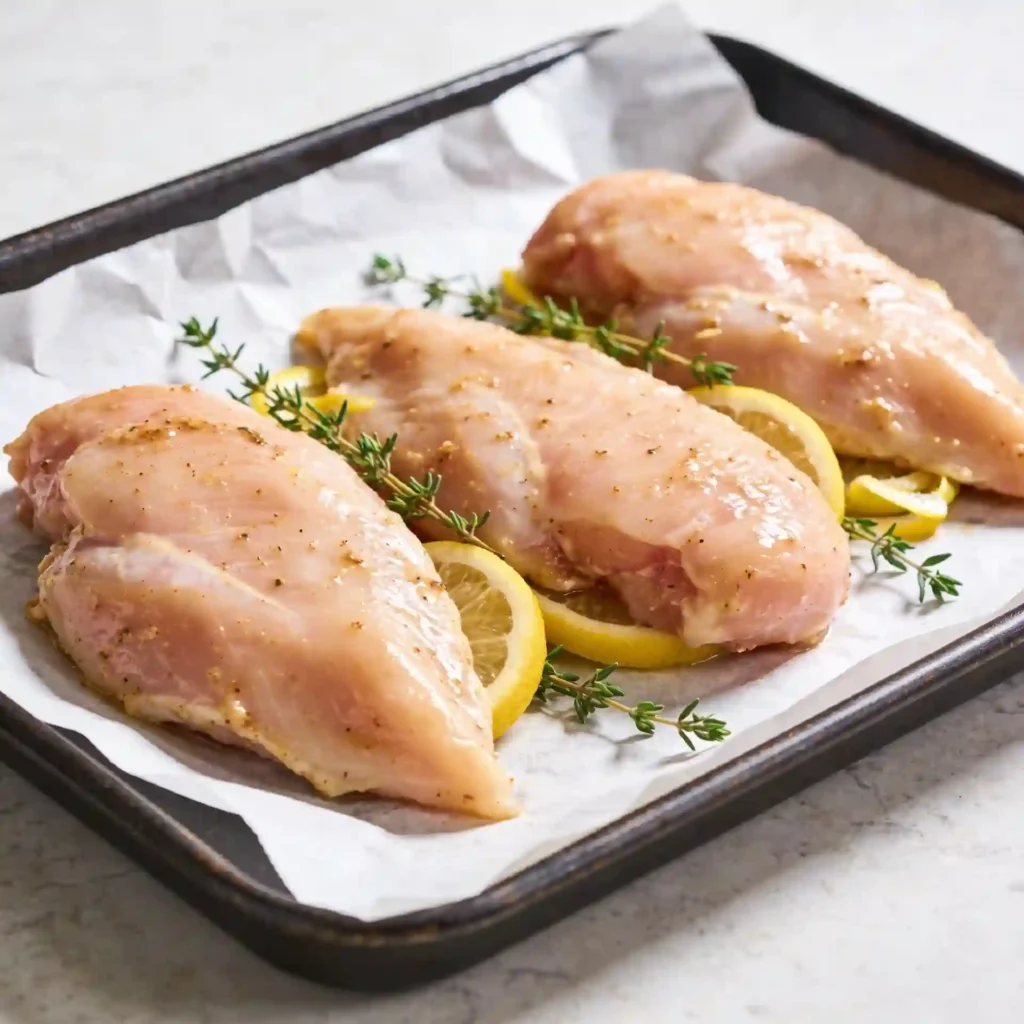 Marinated chicken cutlets laid flat on a baking sheet demonstrating how to roast a chicken with lemon and thyme.