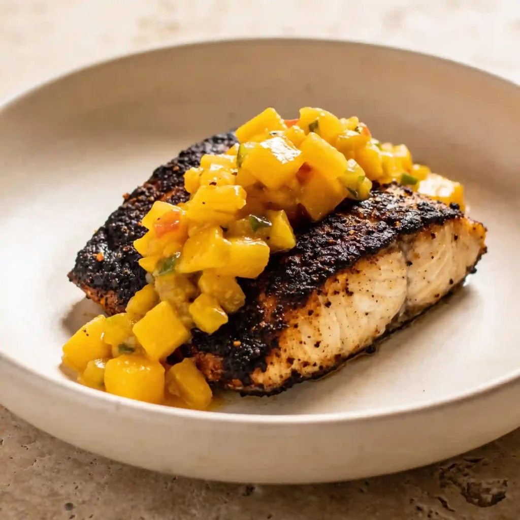 A beautiful macro shot highlighting the dark, antioxidant-rich spice crust on blackened mahi mahi contrasting with bright yellow mango.
