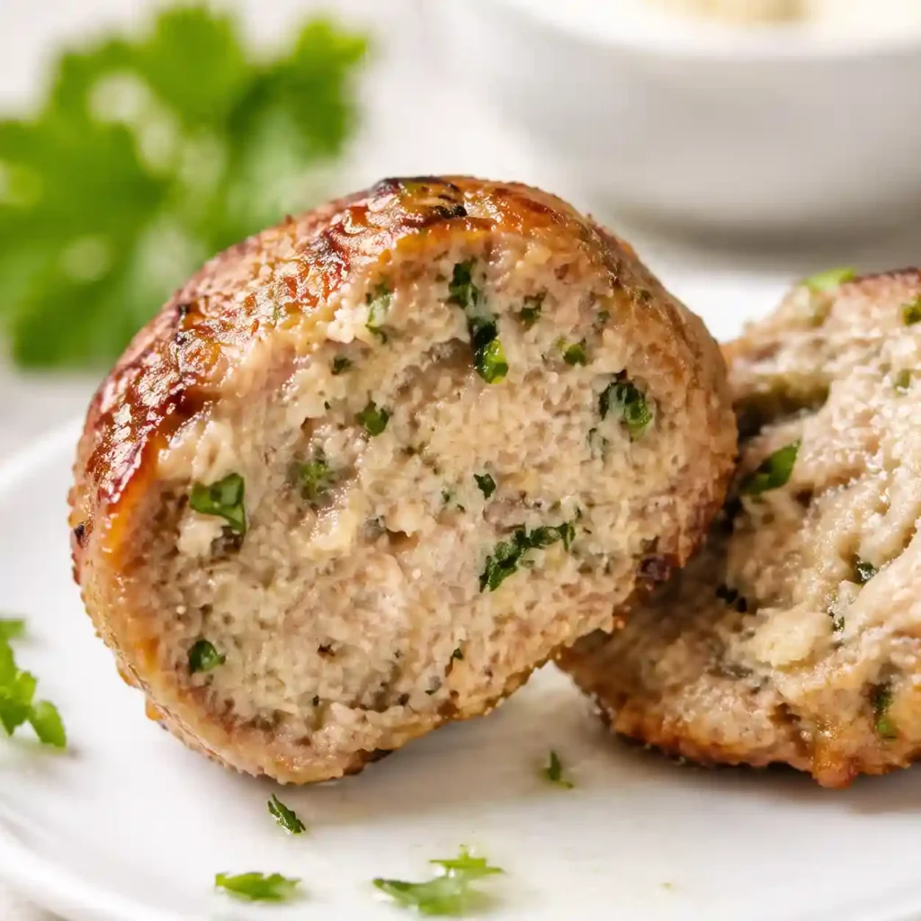 A close-up of the juicy inside of a baked turkey meatball for turkey meatball meal prep bowls.