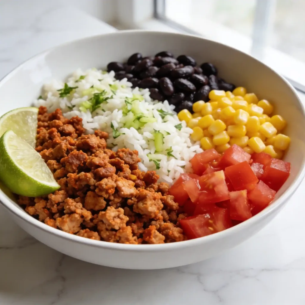 A macro shot of juicy ground turkey, rice, and beans in a sleek white ceramic bowl.