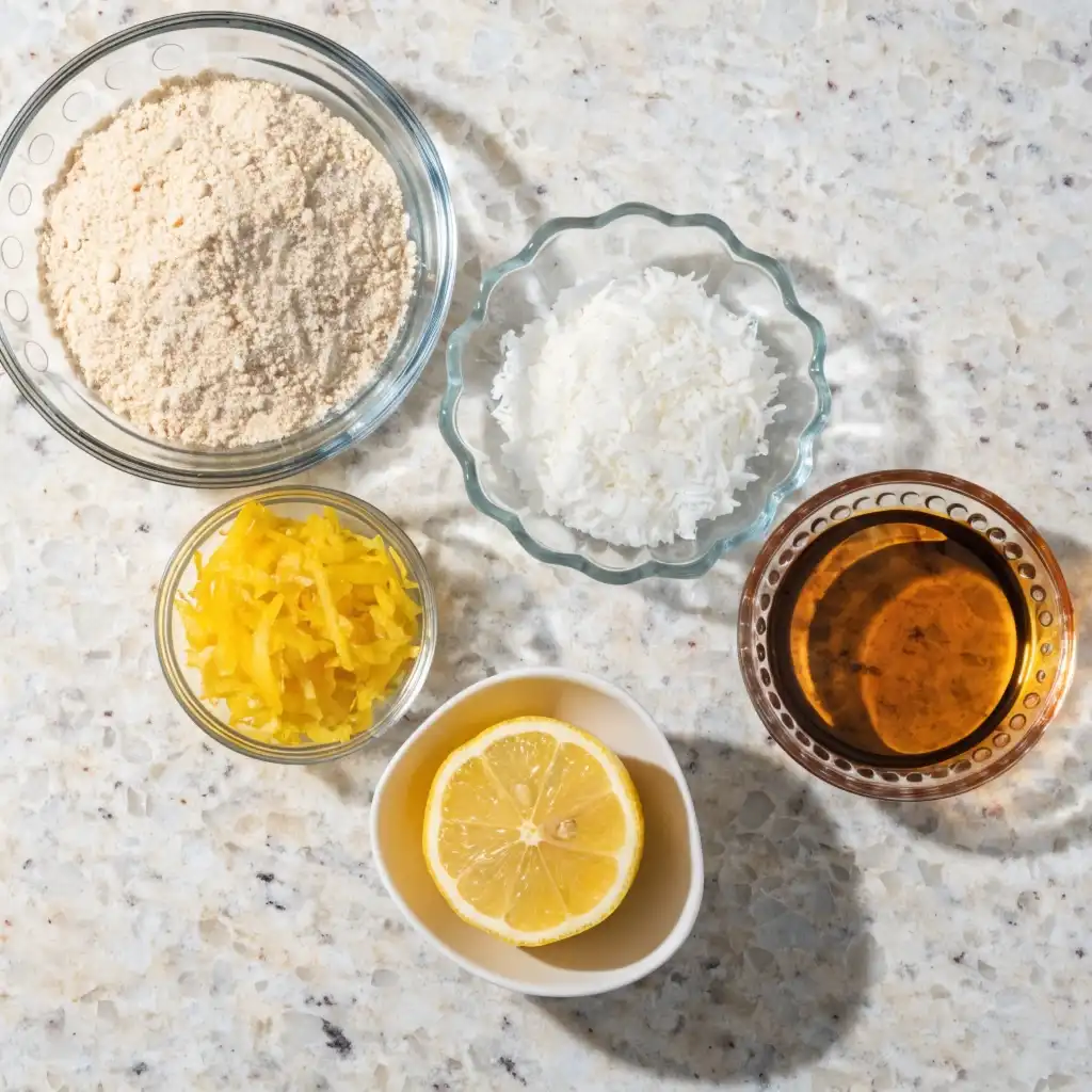 Small bowls filled with almond flour, shredded coconut, fresh lemon, and maple syrup.