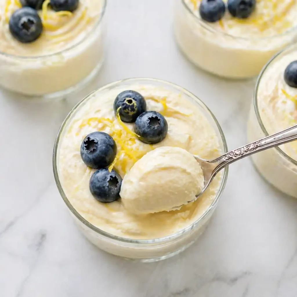 A macro overhead photograph sharply focused on the creamy, velvety texture of lemon cottage cheese mousse in an elegant glass tumbler with a silver spoon and blueberries.