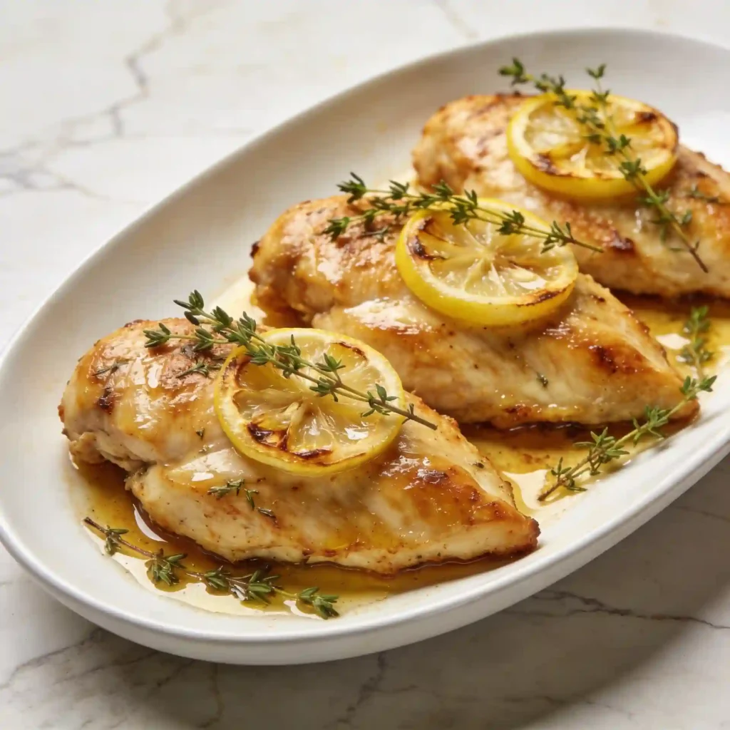 A gorgeous, fully baked platter of golden cutlets representing the best lemon herb chicken breast recipe.