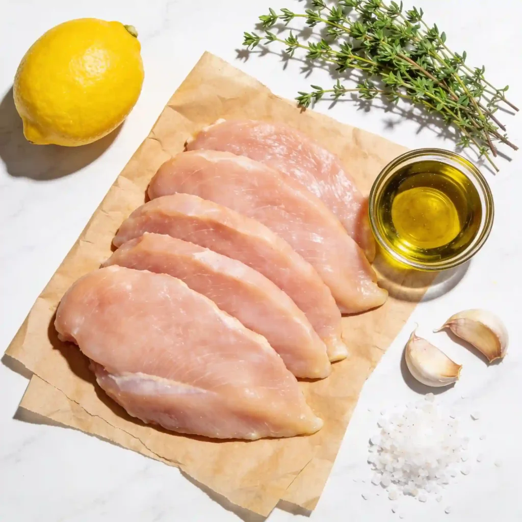 Fresh, raw ingredients laid out for making a juicy lemon herb chicken breast dinner.