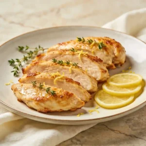 A matte ceramic plate featuring perfectly golden Lemon Thyme Roast Chicken Cutlets.
