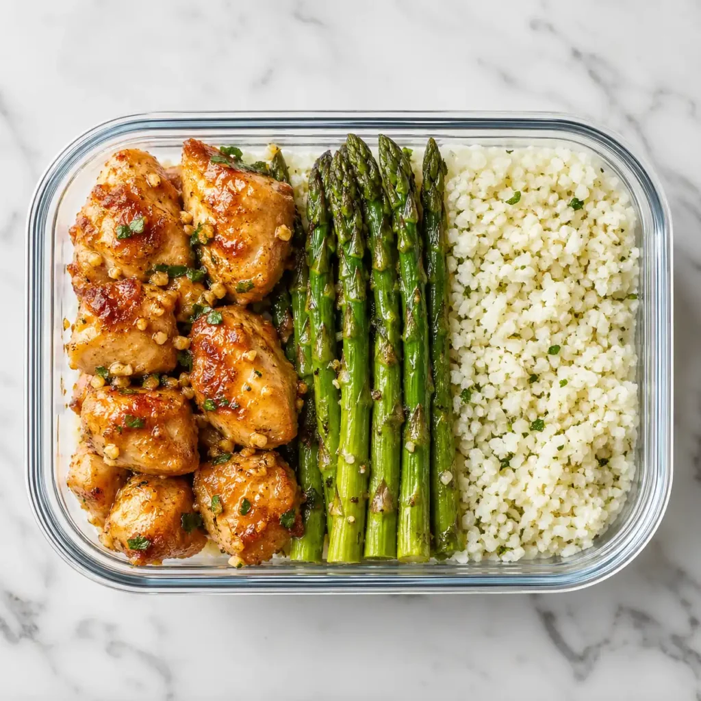 A top-down view of low-carb chicken and asparagus packed into a glass meal prep container.