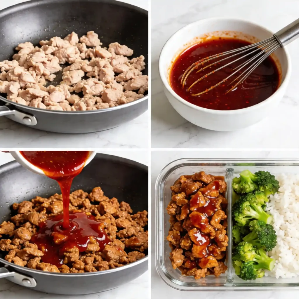 A four-panel image showing the easy steps to make low carb firecracker ground chicken bowls.