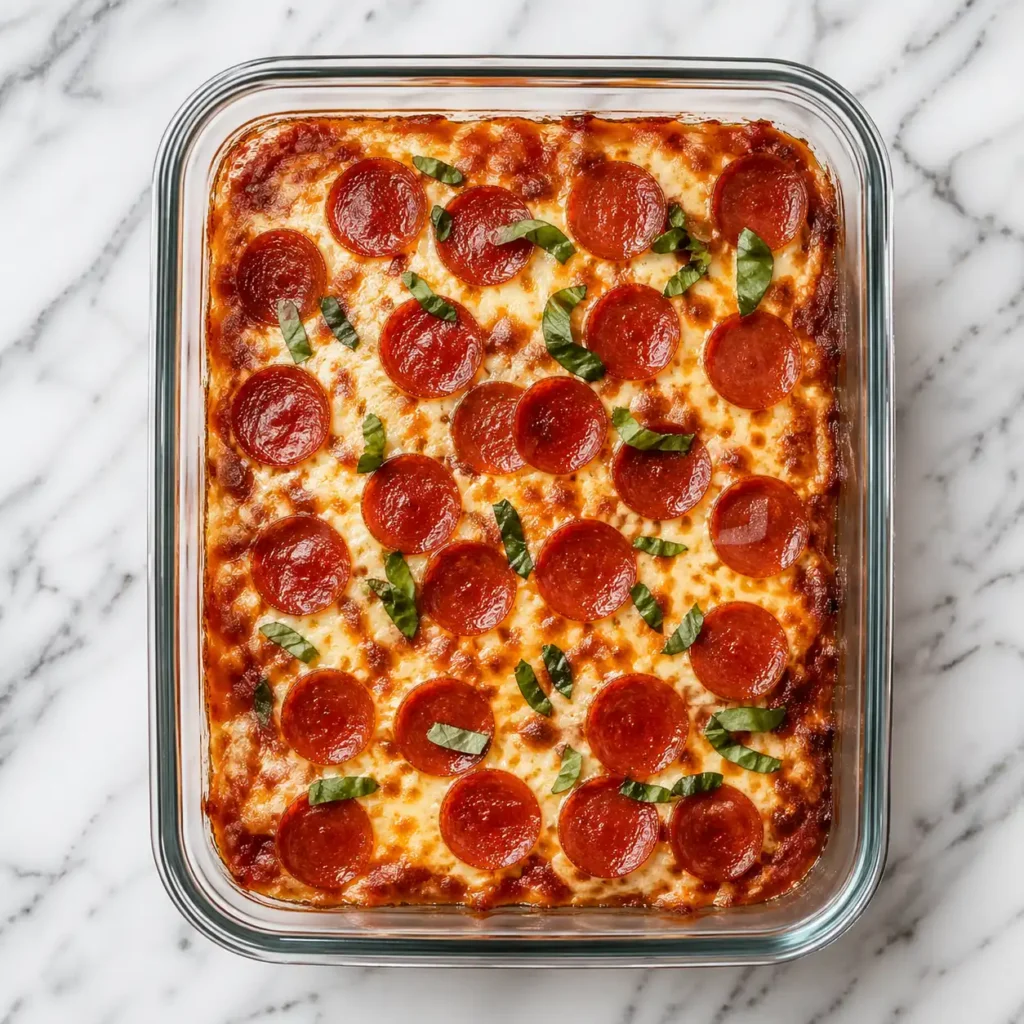 A top-down view of a firm, perfectly baked low-carb pizza bowl in a glass container.