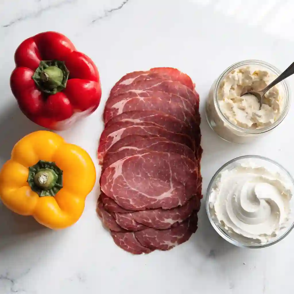 Raw ingredients for making low carb roast beef appetizers and no rice sushi rolls.