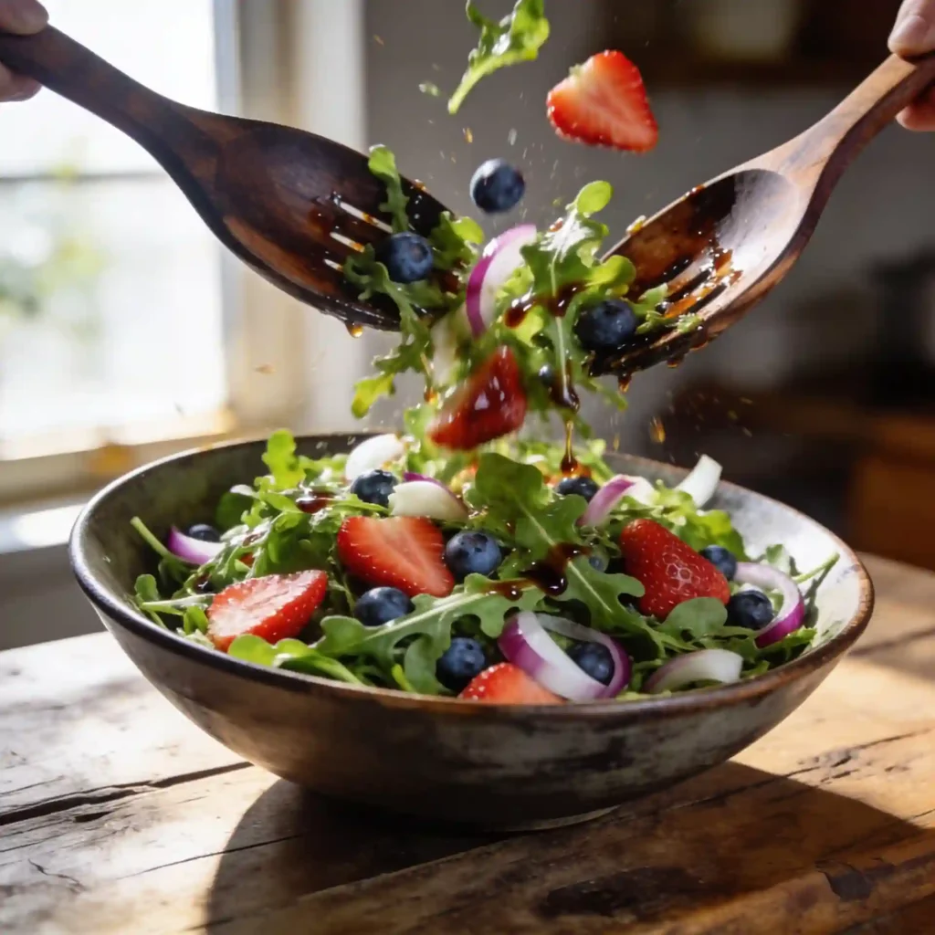 Tossing fresh greens and berries to create the base for a low carb steak salad with fruit.