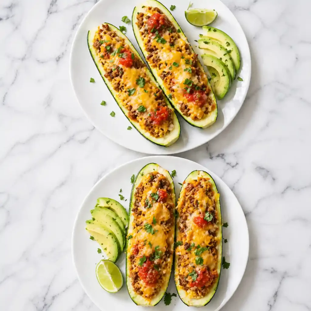 A top-down flat lay of two freshly plated zucchini taco boat dinners on a white marble counter.