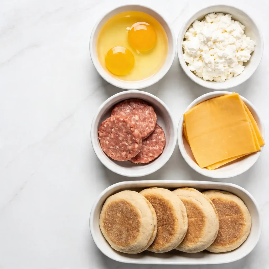 Small white bowls filled with eggs, cheese, turkey sausage, and English muffins for make ahead breakfast sandwiches.