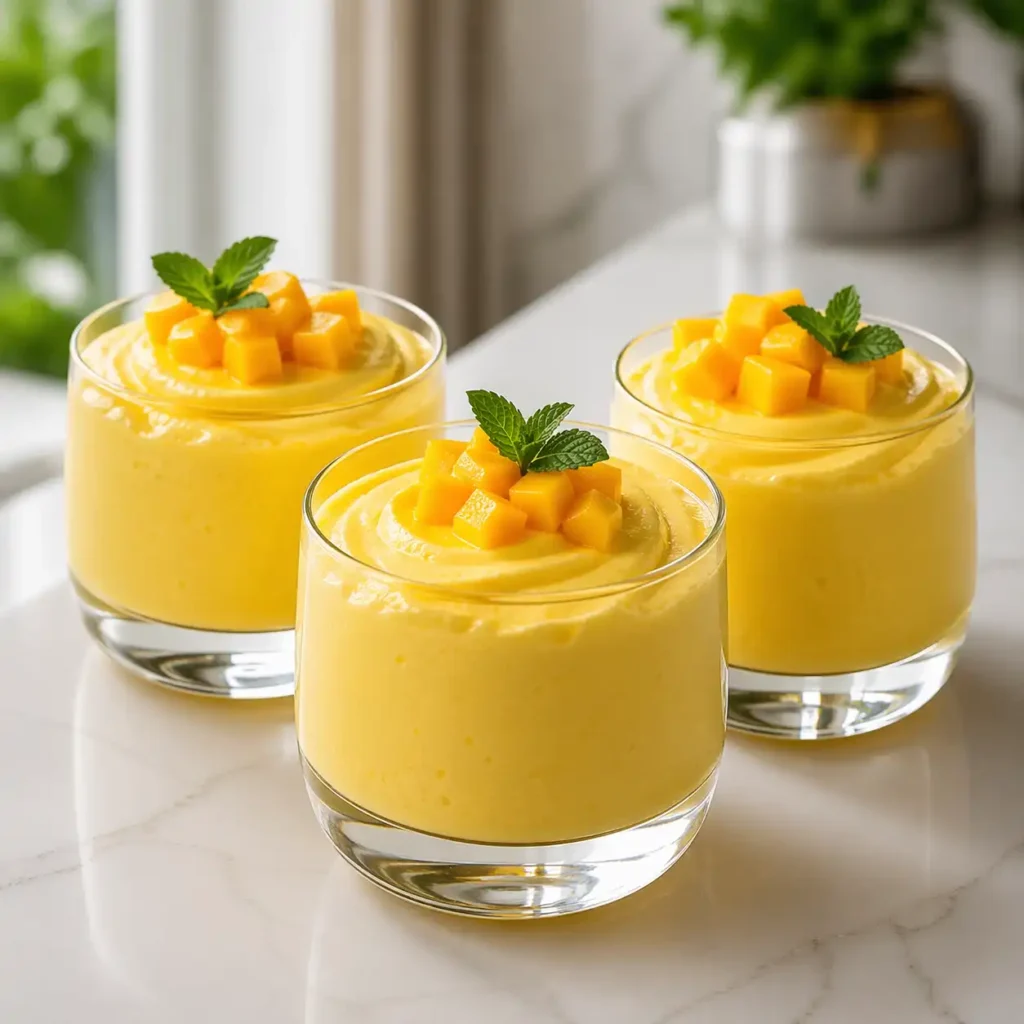 Three elegant glass tumblers filled with creamy bright yellow mango cottage cheese mousse, garnished with fresh diced mango and mint on a white quartz counter.