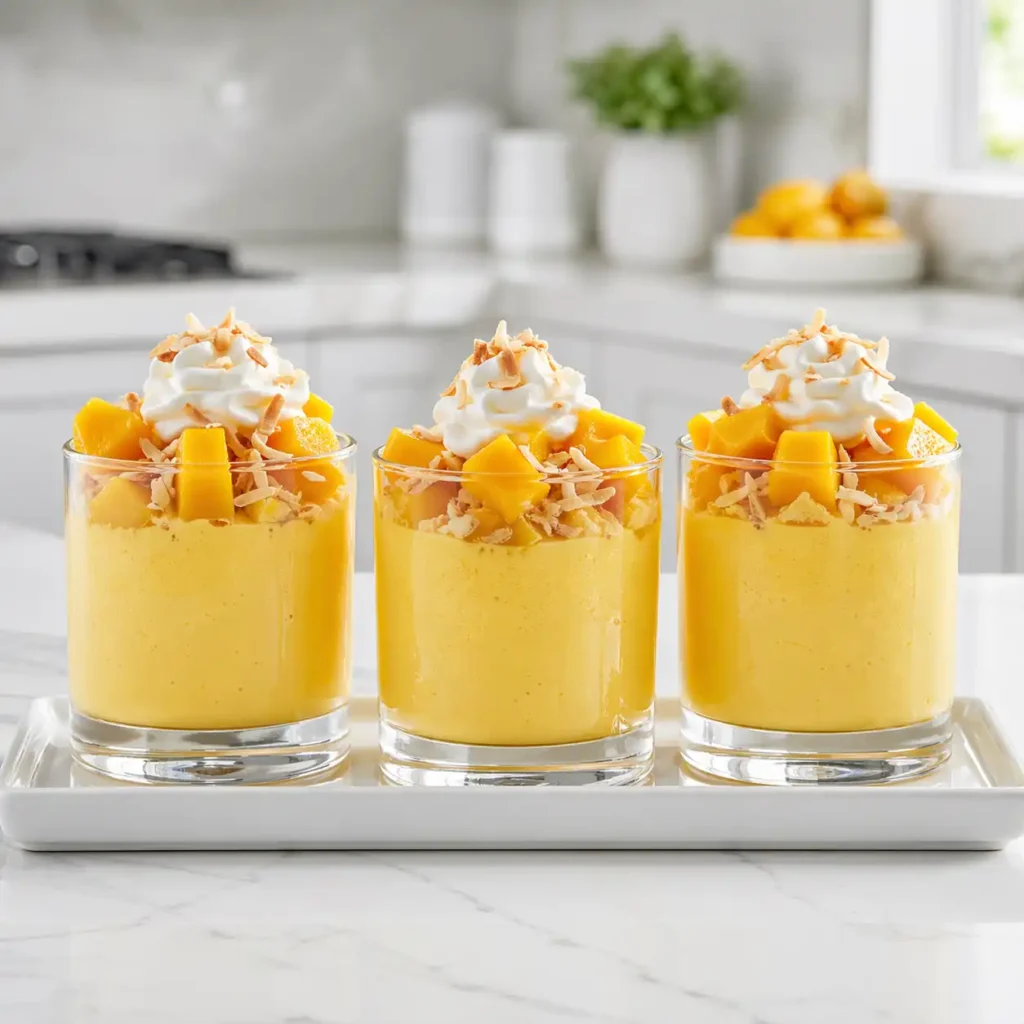 Three glass tumblers of yellow mango cottage cheese mousse, each featuring fresh fruit and whipped cream on a white tray.