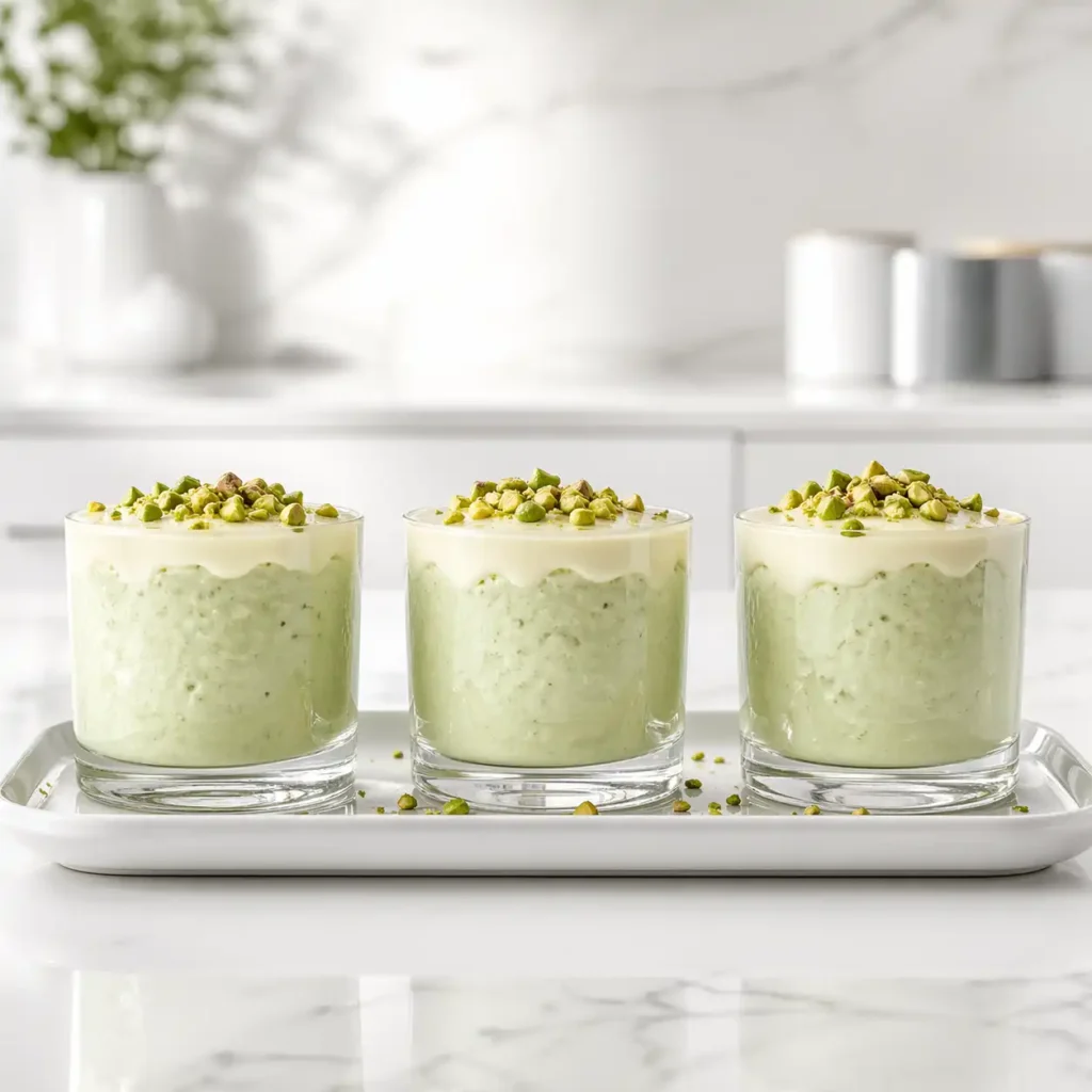 Three glass tumblers of green matcha cottage cheese mousse, each featuring a white chocolate shell and pistachios on a white tray.