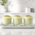Three glass tumblers of green matcha cottage cheese mousse, each featuring a white chocolate shell and pistachios on a white tray.