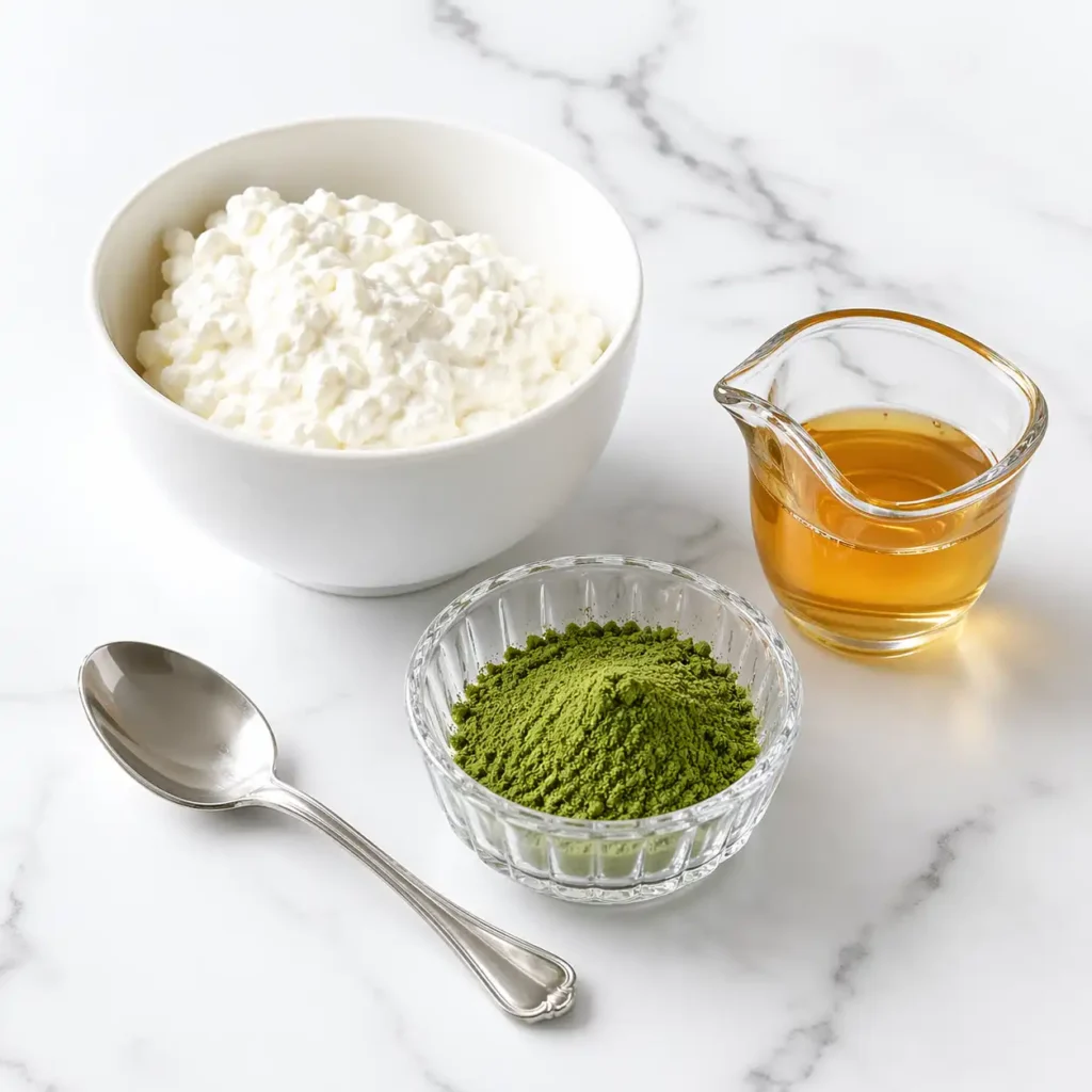 A bowl of thick cottage cheese, vibrant green matcha powder, and a glass of honey arranged neatly on a white marble surface.