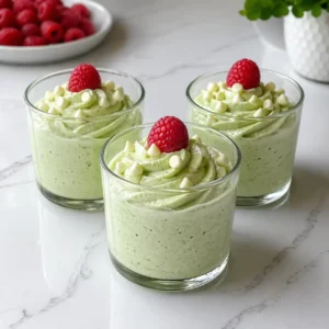 Three elegant glass tumblers filled with creamy pale-green matcha cottage cheese mousse, garnished with a raspberry and white chocolate on a white quartz counter.