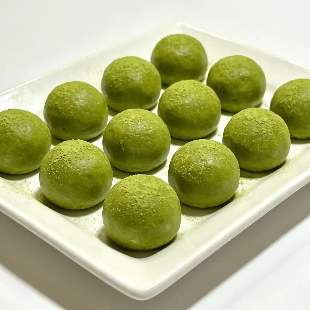Matcha green tea protein bites resting neatly on a large, sleek white ceramic platter with a matcha whisk in the background.