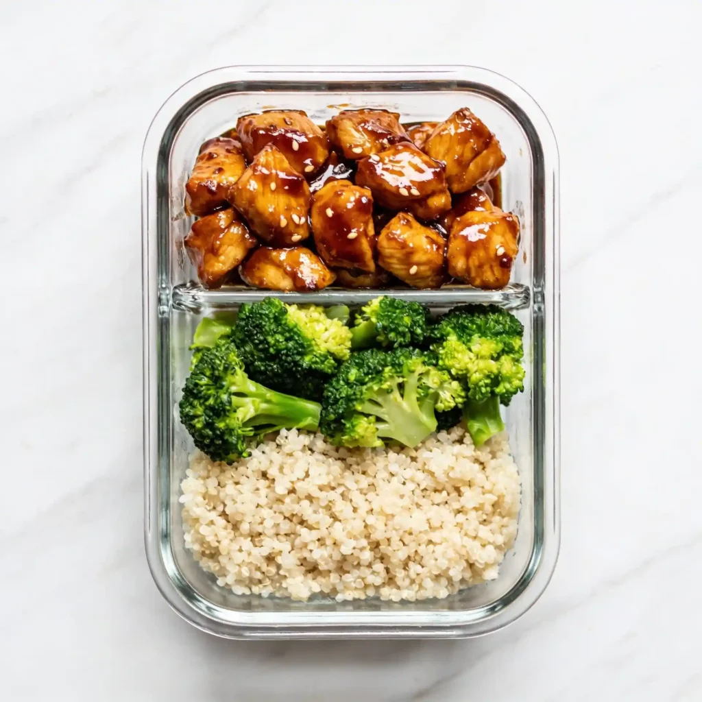 A glass meal prep container filled with healthy honey garlic chicken and broccoli on a marble counter.