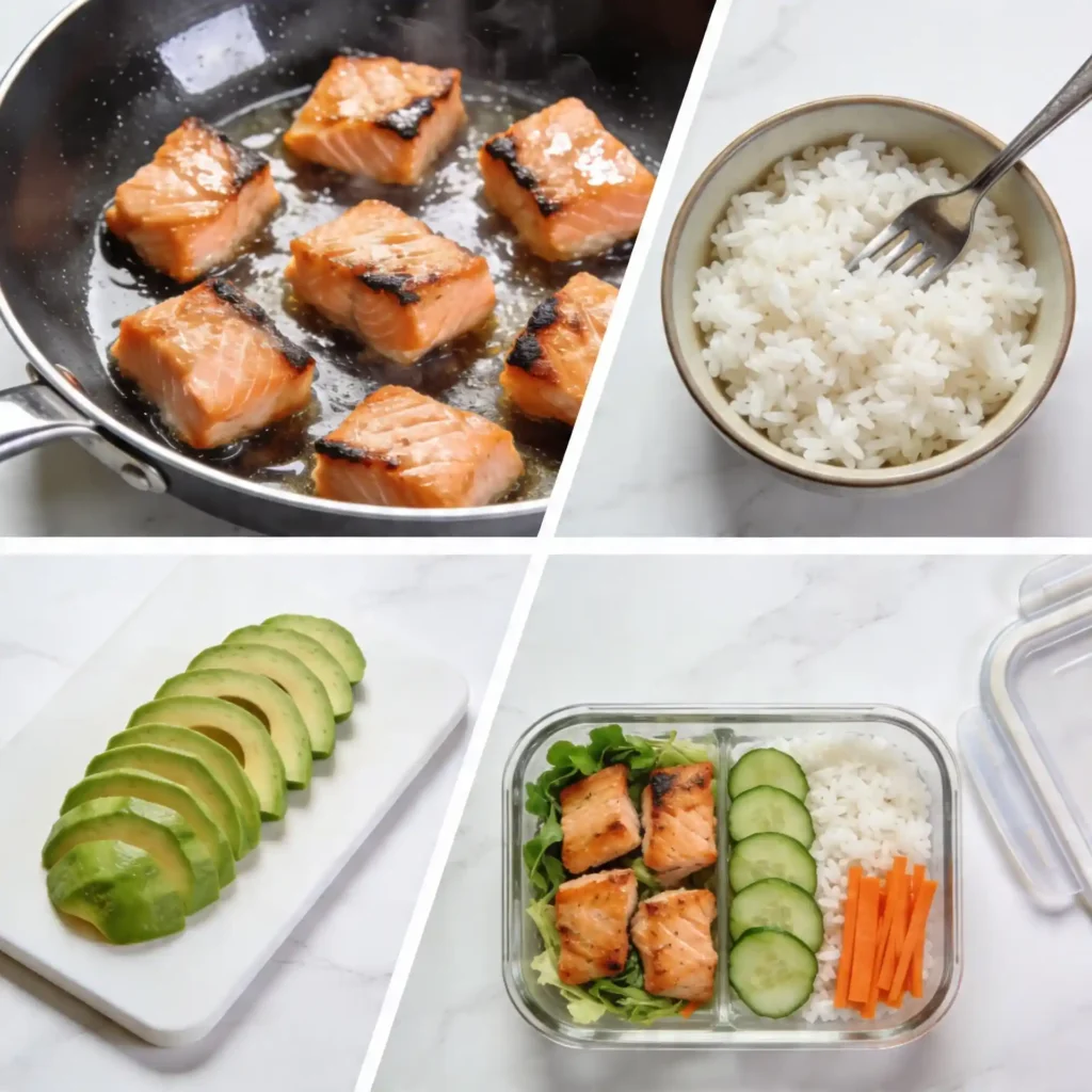A four-panel image showing the easy steps to make meal prep salmon rice bowls.