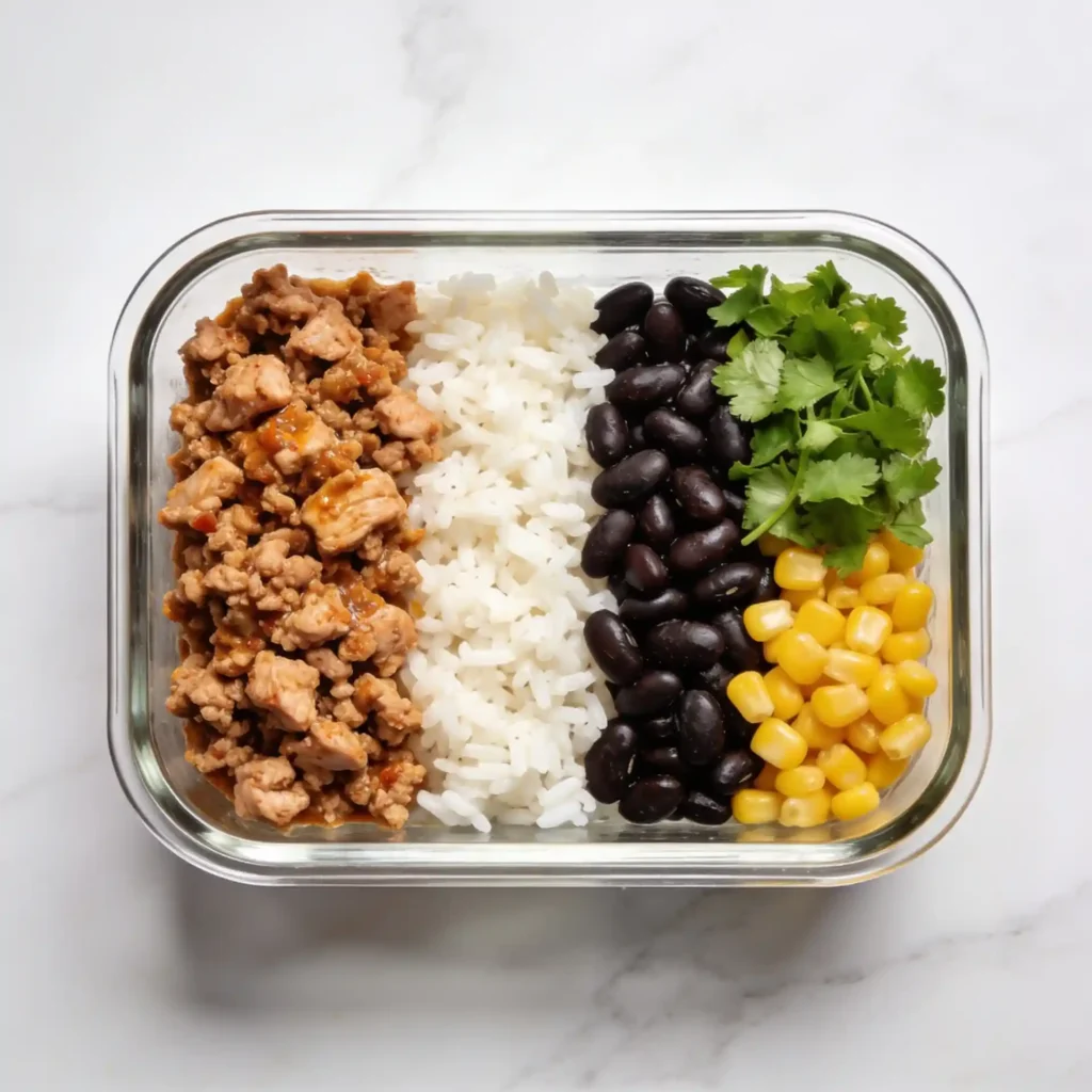 A glass meal prep container filled with a healthy ground turkey taco bowl on a marble counter.
