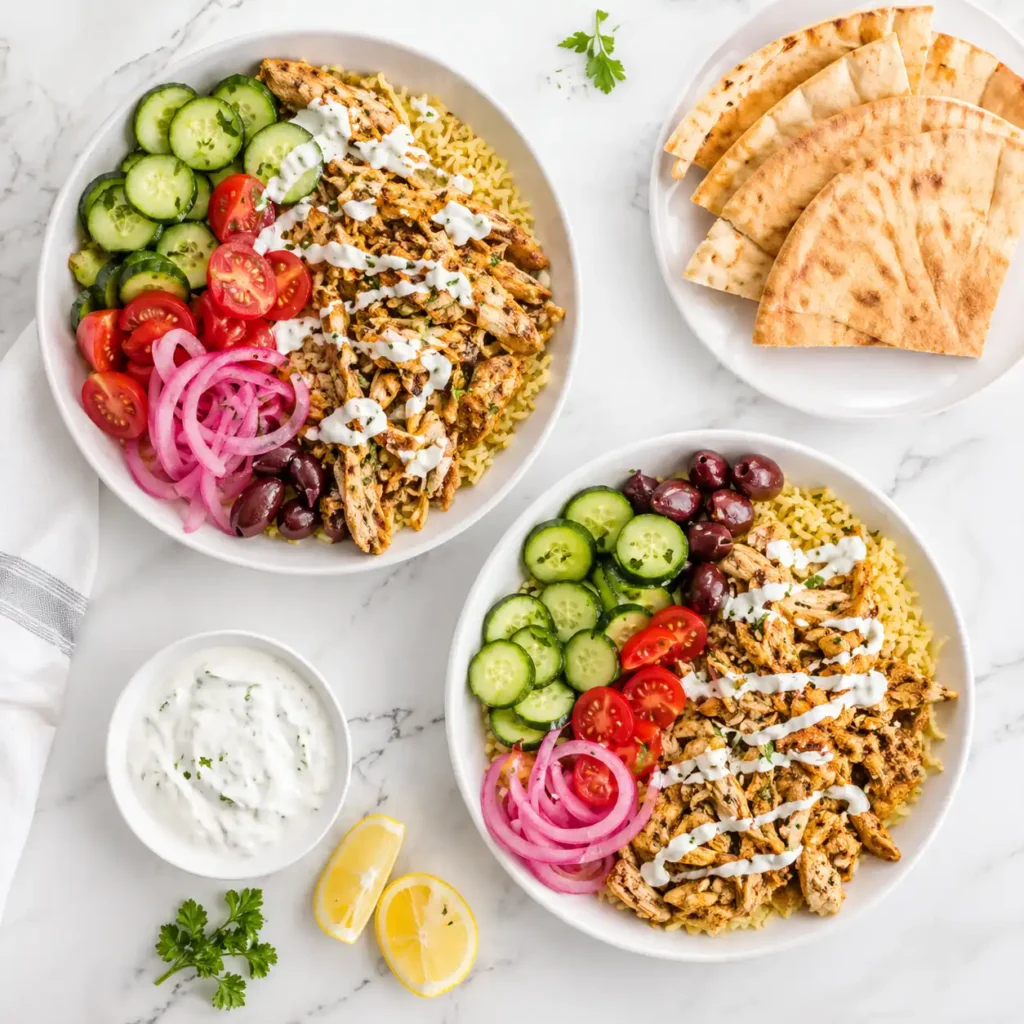 A top-down flat lay of two freshly assembled Mediterranean chicken bowls on a white marble counter.