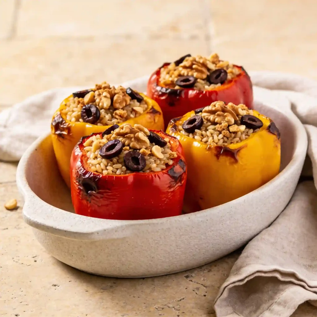 A beautiful ceramic baking dish featuring four perfectly roasted mediterranean diet stuffed peppers filled with farro and walnuts.
