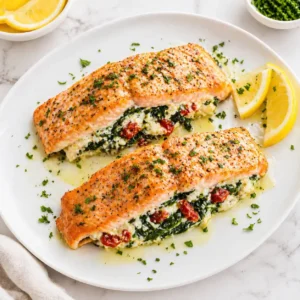 A top-down flat lay view of two thick baked Mediterranean Stuffed Salmon fillets stuffed with spinach and feta on white marble.