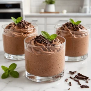 Mint Chocolate Cottage Cheese Mousse in three elegant glass tumblers, creamy and dark brown, garnished with chocolate shavings and fresh mint on a white quartz counter.