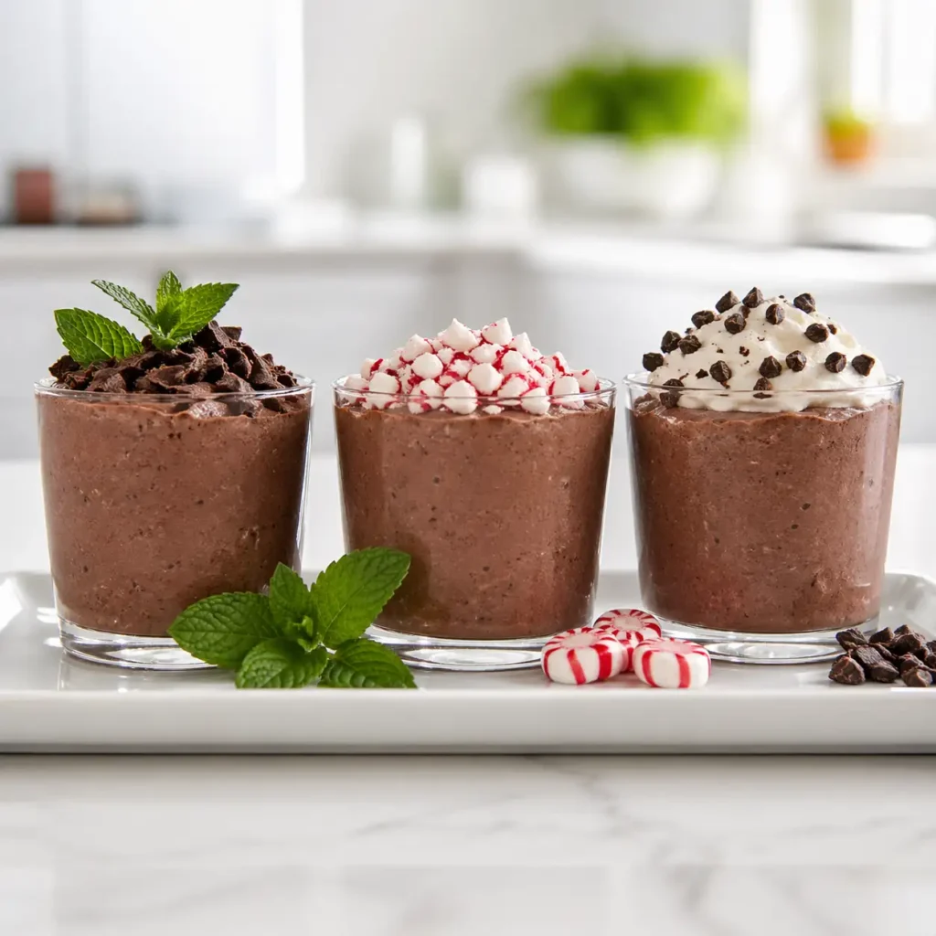Three glass tumblers of dark brown mint chocolate cottage cheese mousse, each featuring different healthy and festive toppings on a white tray.