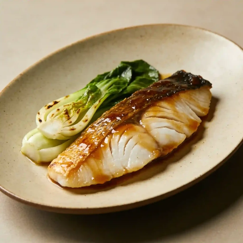 A matte plate featuring caramelized Miso Glazed Cod with Bok Choy garnished with sesame seeds and green onions.