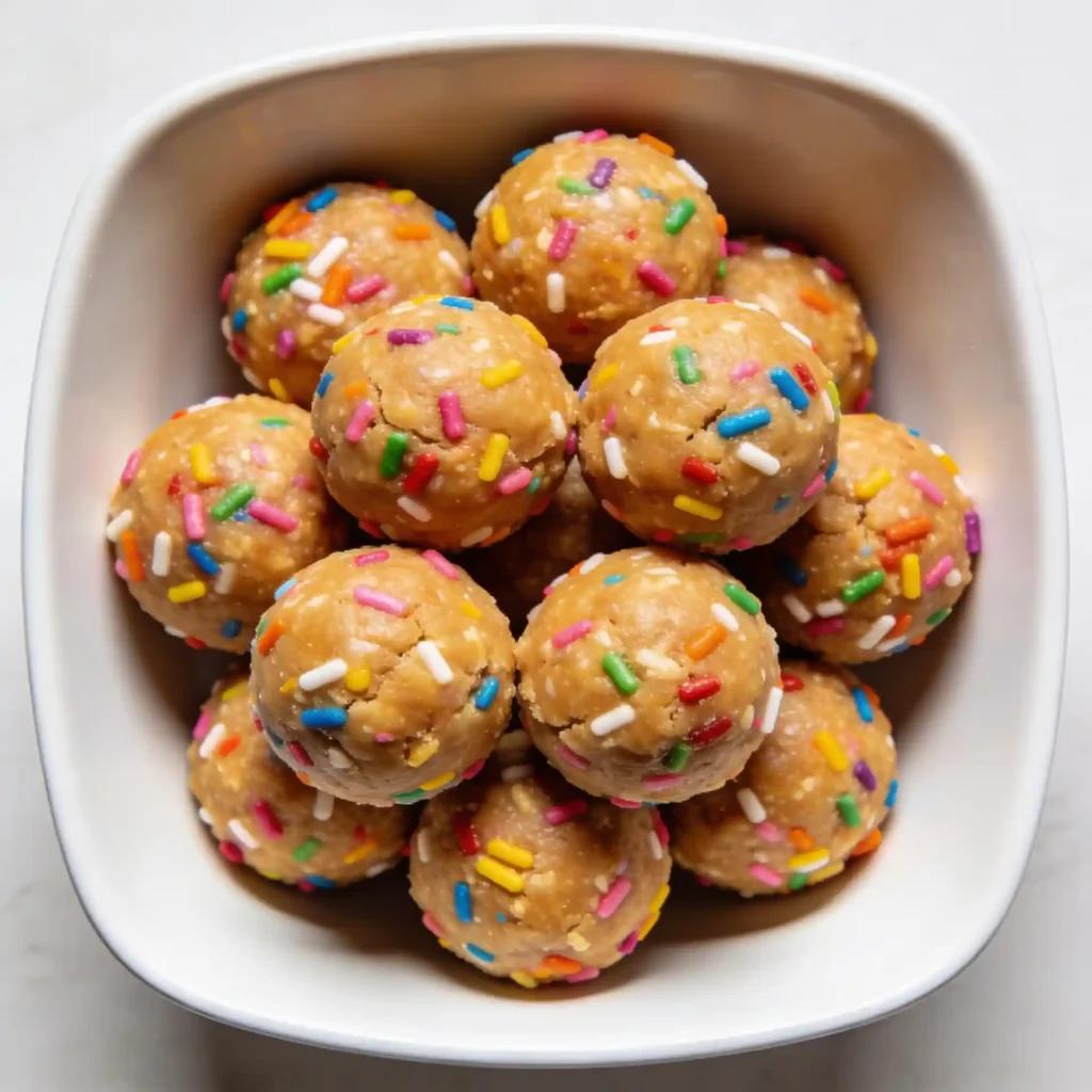 An overhead view of a modern white bowl filled with no bake birthday cake protein balls covered in rainbow sprinkles.