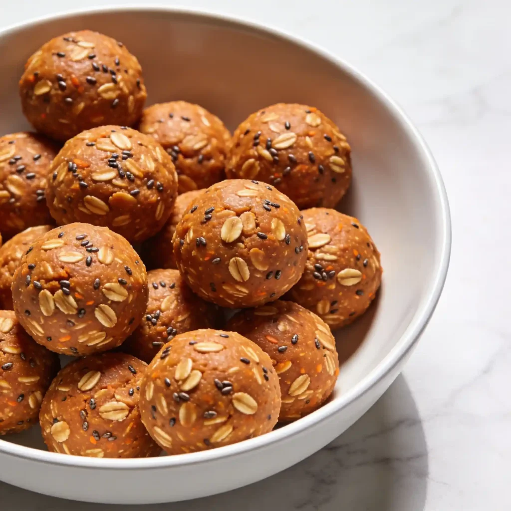 An overhead view of a modern white bowl filled with No-Bake Carrot Cake Protein Balls, styled with fresh carrots and cinnamon sticks.