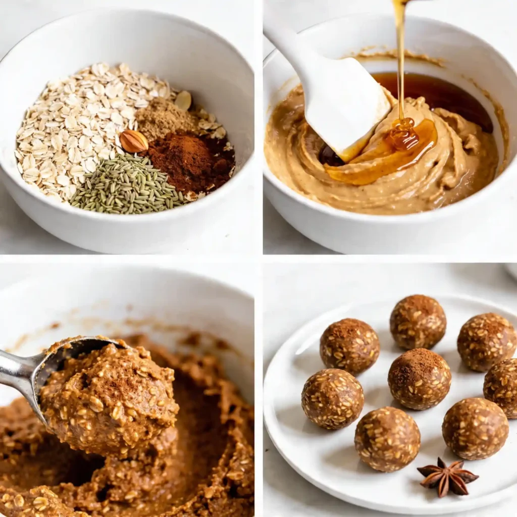 A four-panel image showing the easy steps to make chai spice energy bites using modern white kitchenware.