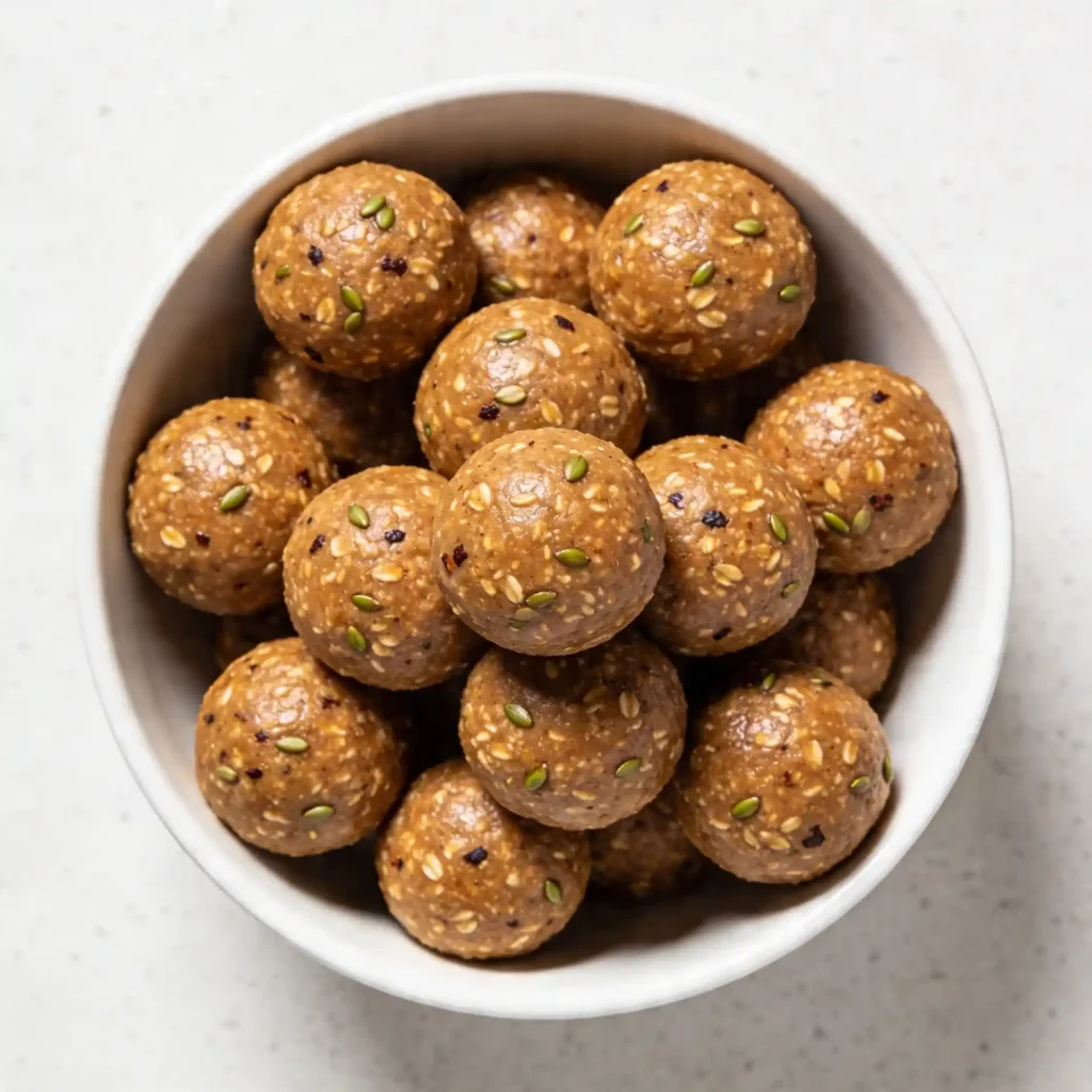 An overhead view of a modern white bowl filled with spiced brown chai Spice energy balls, styled with a white cafe mug and cinnamon sticks.