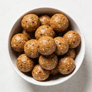 An overhead view of a modern white bowl filled with spiced brown chai Spice energy balls, styled with a white cafe mug and cinnamon sticks.