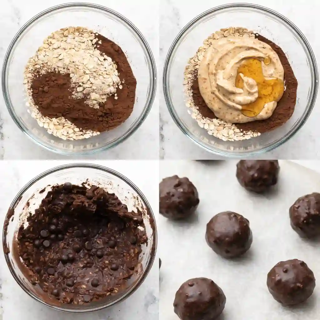 A 4-panel photo grid showing the step-by-step process of mixing and rolling no bake chocolate oatmeal balls.