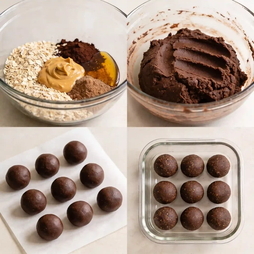 A 4-panel photo grid showing the step-by-step process of mixing and rolling no bake chocolate peanut butter energy bites.