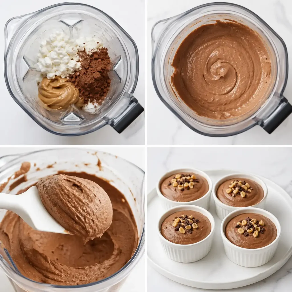 A four-panel image showing the easy blending and chilling steps to make no bake chocolate peanut butter mousse.