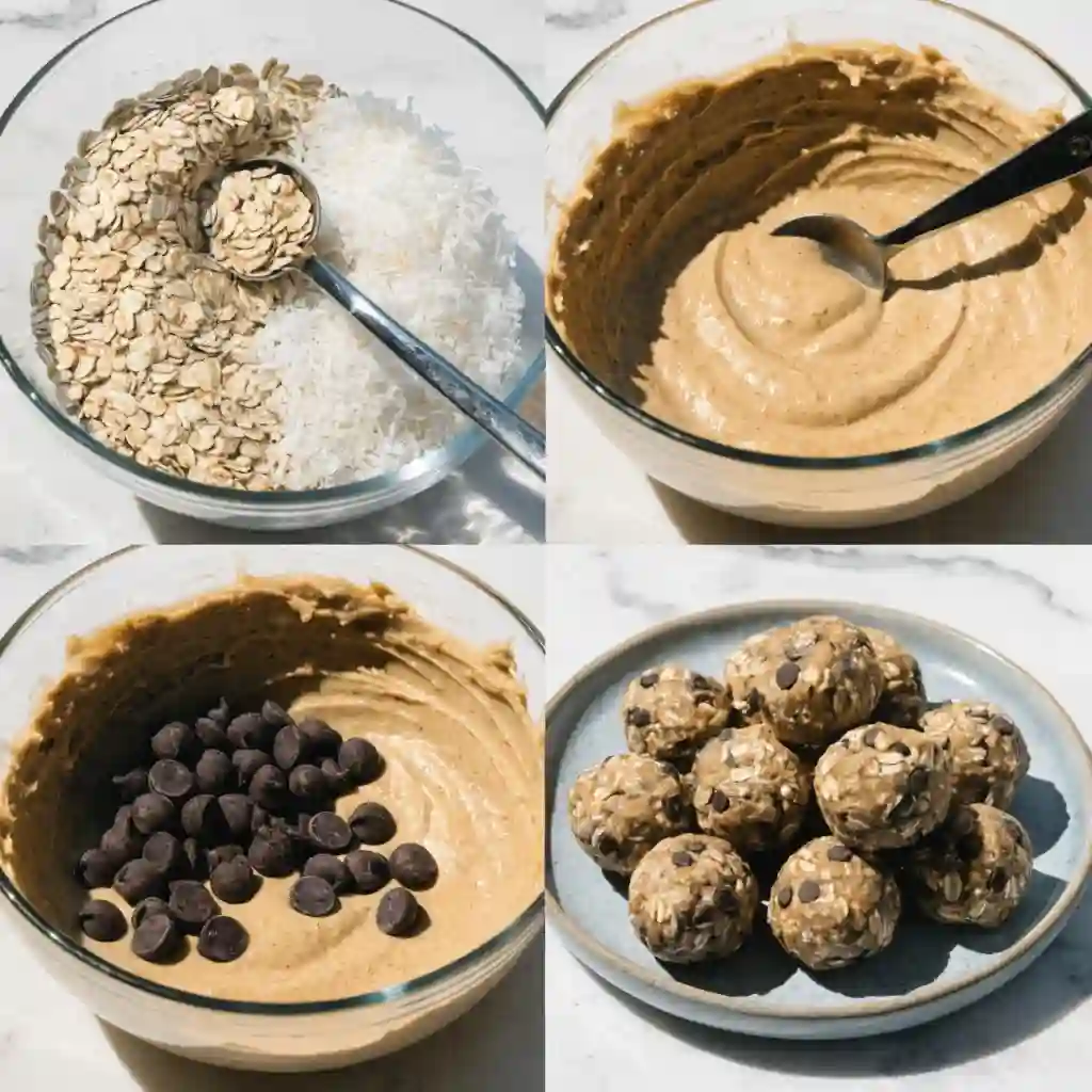 A four-panel image showing the easy steps to make no bake coconut almond bites.