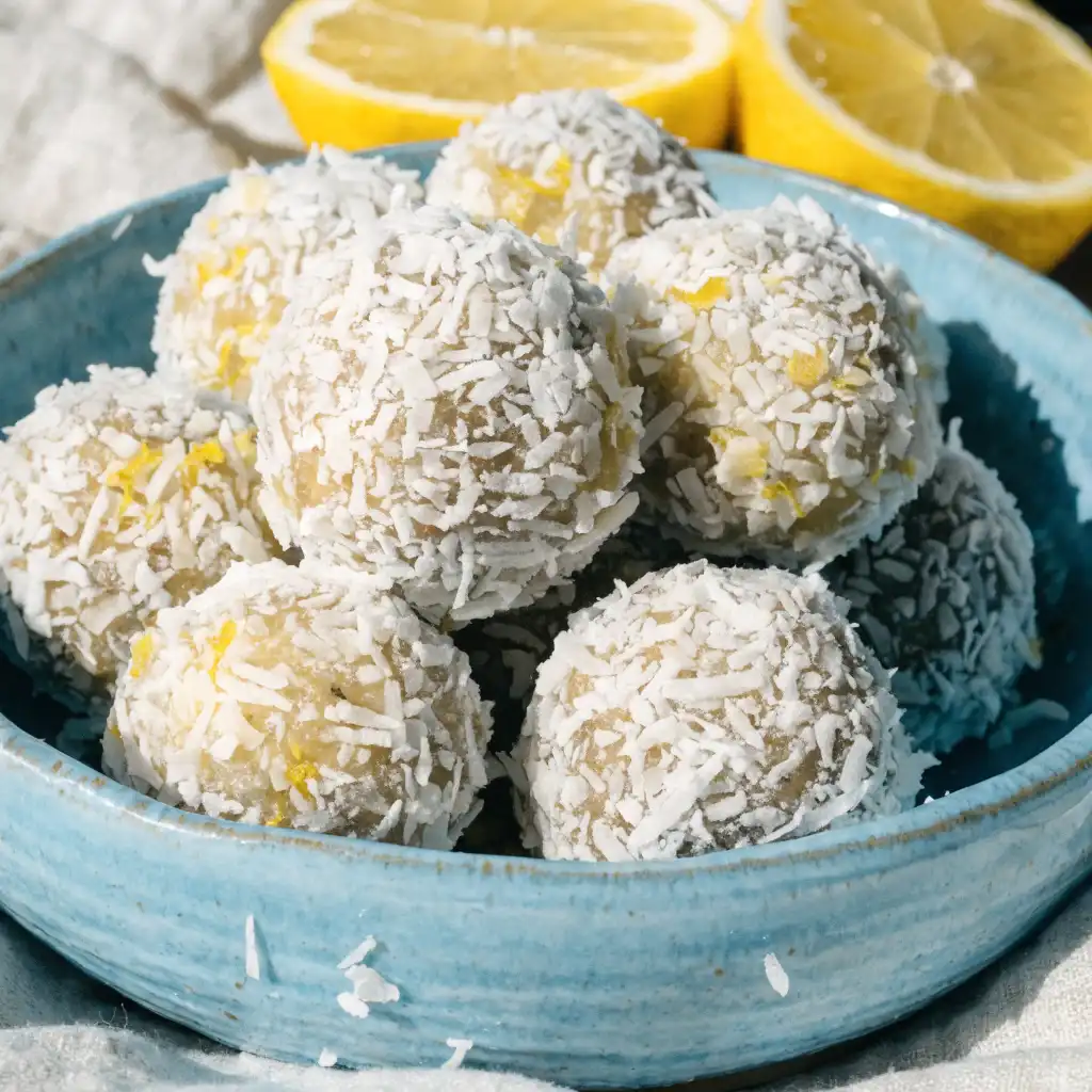 A blue bowl filled with no bake coconut lemon energy balls coated in shredded coconut.
