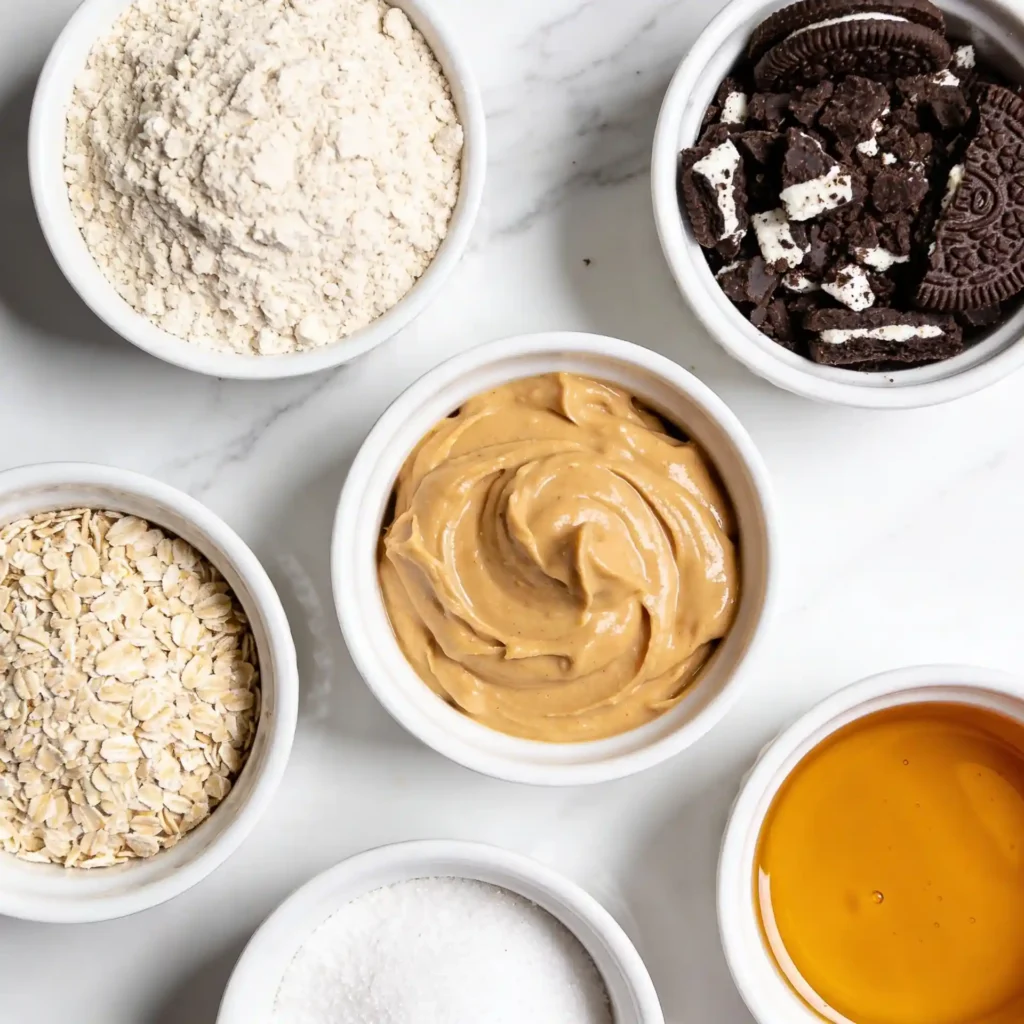 Small modern white bowls filled with oat flour, cashew butter, crushed chocolate sandwich cookies, and maple syrup on a marble counter.