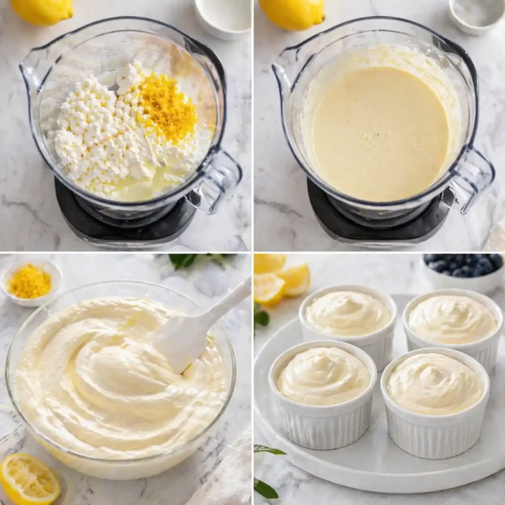 A four-panel image showing the easy blending and chilling steps to make no bake lemon mousse.