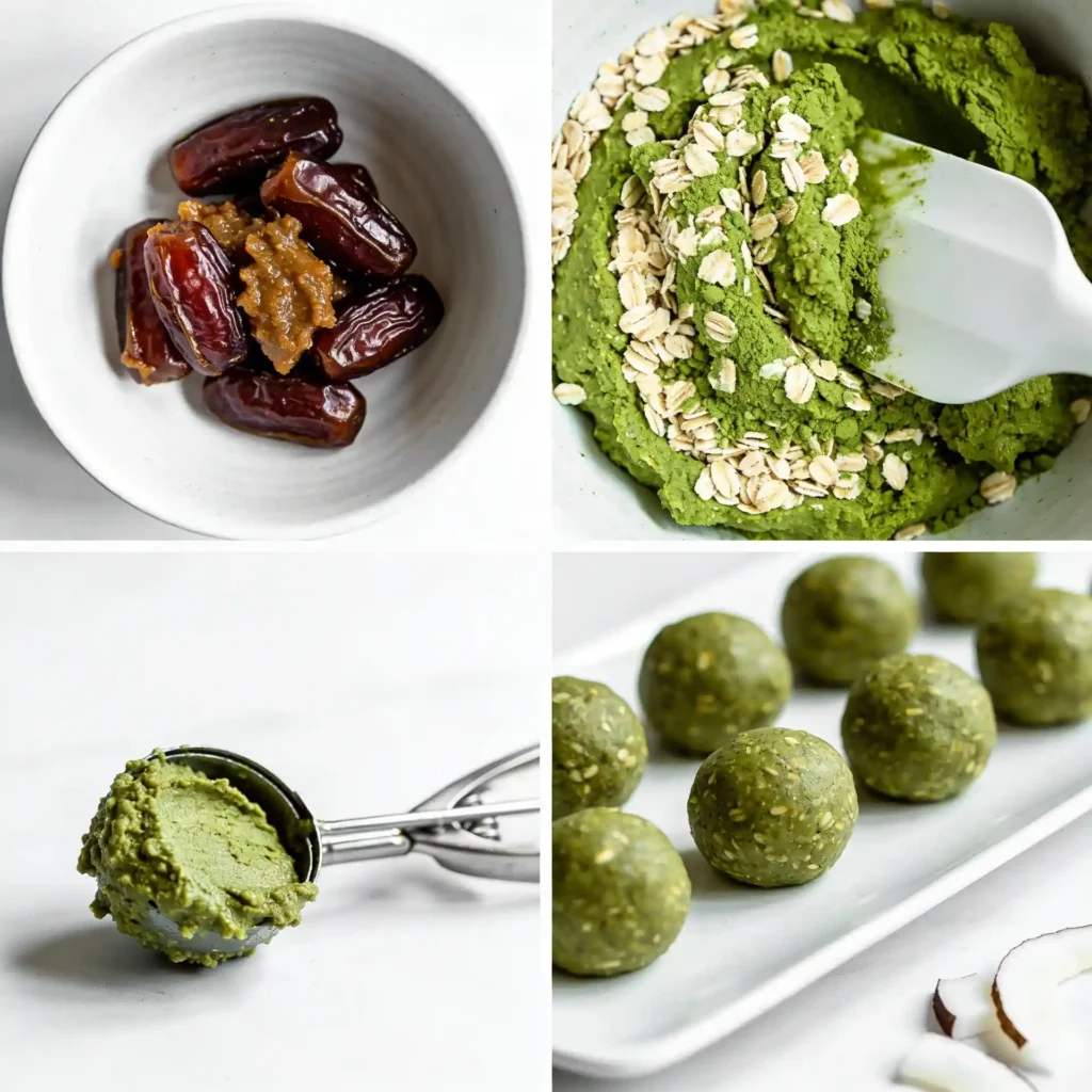 A four-panel image showing the easy steps to make matcha green tea energy bites using modern white kitchenware.