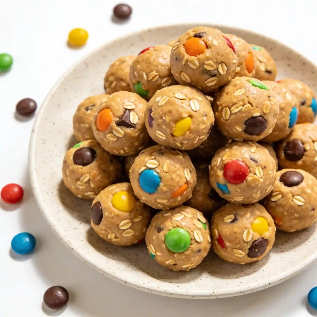 No bake monster cookies resting neatly on a serving platter.