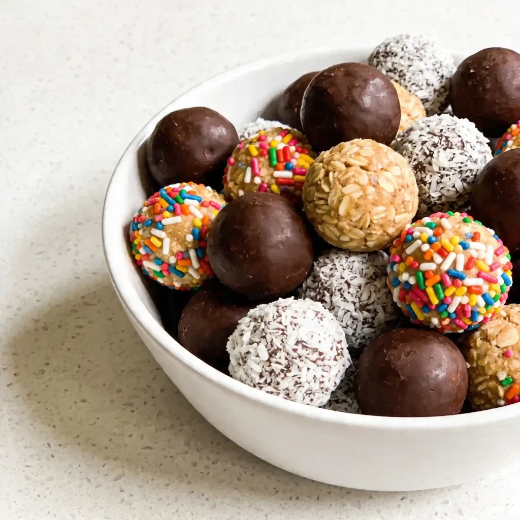 An overhead view of a modern white bowl overflowing with a colorful assortment of No Bake Protein Balls Ideas, including chocolate, funfetti, and coconut flavors.