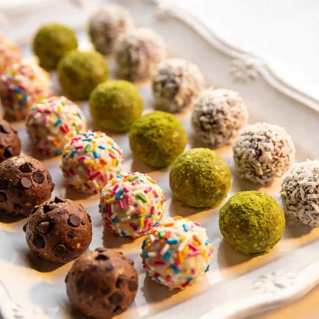 A massive colorful assortment of no bake protein balls ideas resting neatly on a large, sleek white ceramic serving platter.