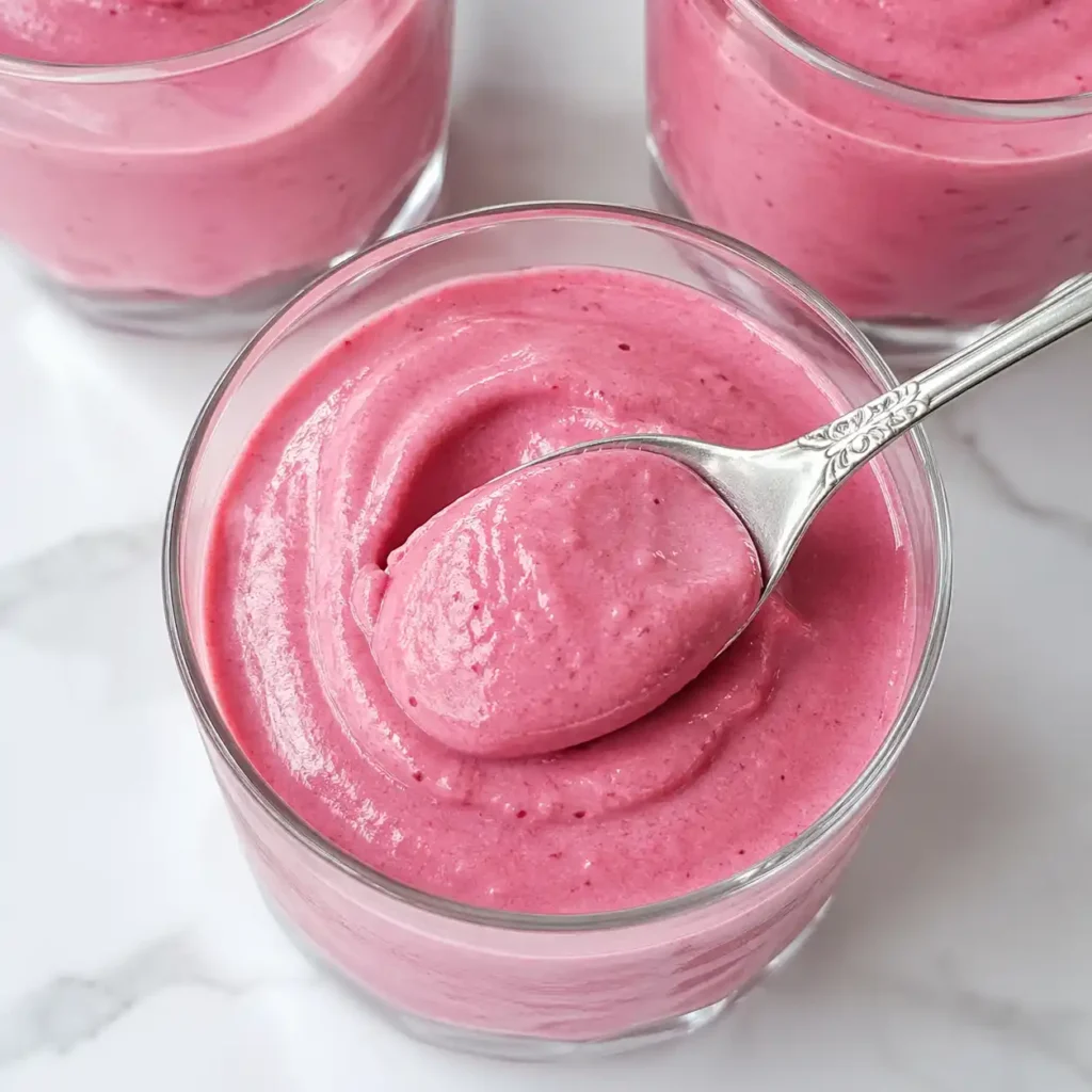 A close-up macro shot of a silver spoon scooping thick, perfectly smooth swirled pink raspberry cottage cheese mousse from a glass tumbler.